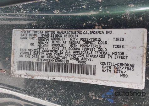 2001 Toyota Tacoma z USA, uszkodzony, nr VIN 5TEWM72NX1Z851613